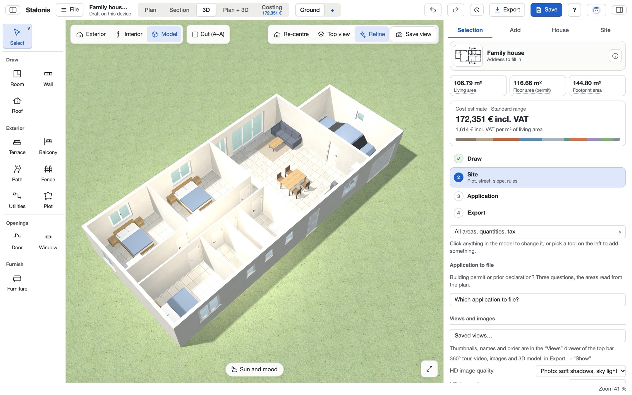 Cutaway 3D model without roof showing furnished rooms