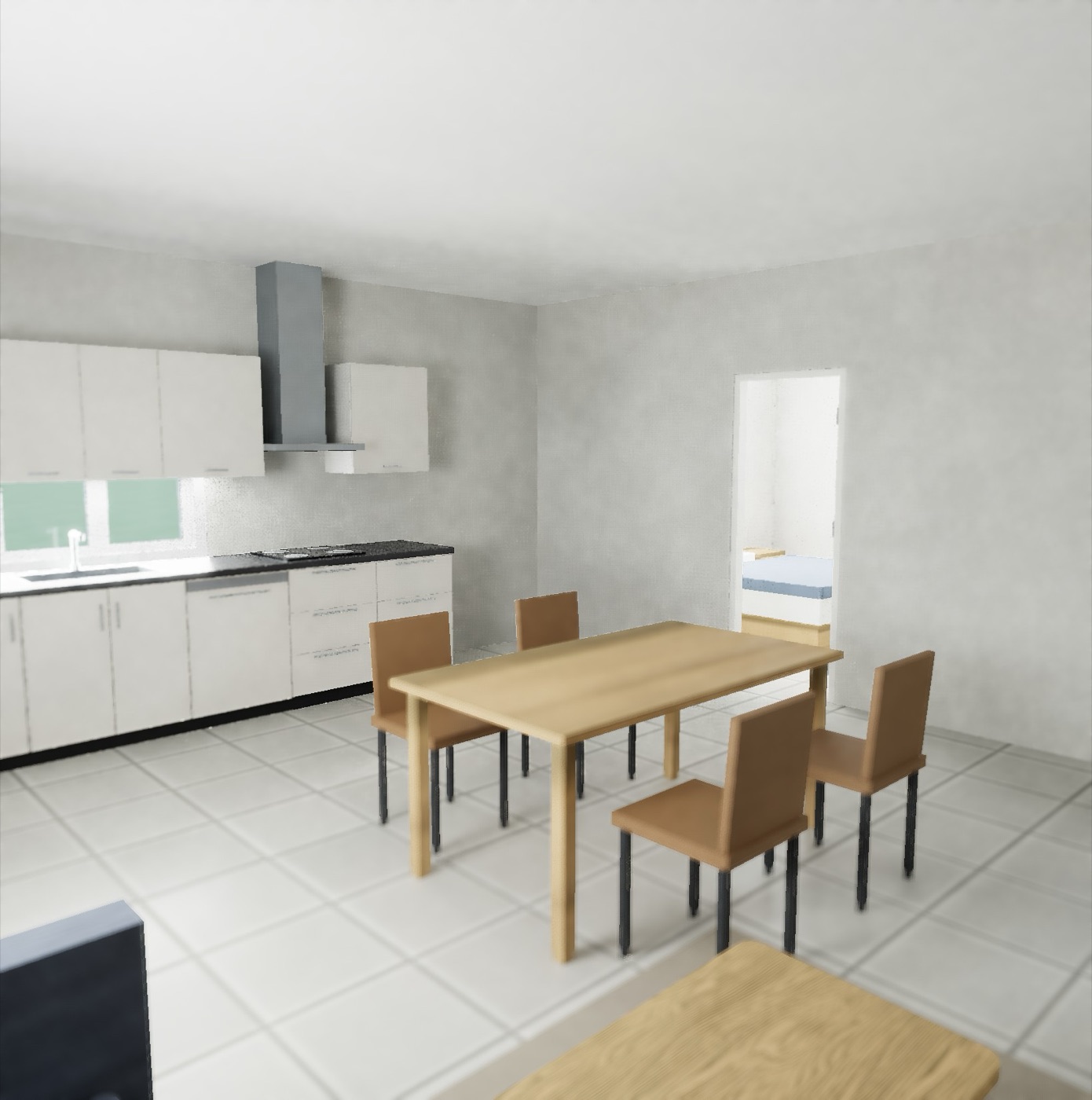 Photo-realistic render of a kitchen and dining room
